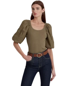 Lauren Ralph Lauren Women's Puff Sleeve Round Neck Blouse Top Olive Size M - Picture 1 of 8