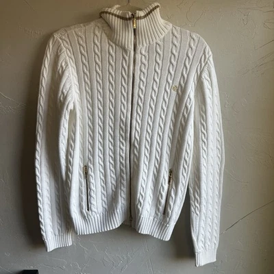 Suéter Ralph Lauren Blanco y Dorado Logo Tejido con Cable Cremallera Completa Preparación Tenis Talla M Foto 1 de 4