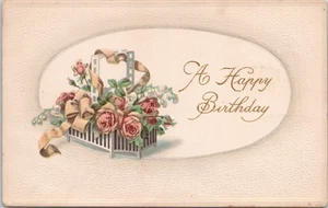 POSTCARD-A HAPPY BIRTHDAY -BASKET OF ROSES-EMBOSSED-UNPOSTED - Picture 1 of 2