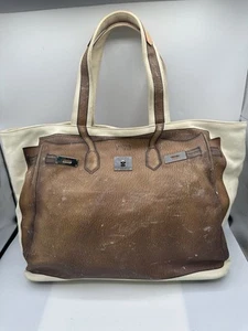 V°73 BEIGE FABRIC BROWN DETAILS TOTE SHOULDER HANDBAG - Bild 1 von 13