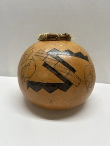 VTG Native American Gourd Carved Etched Signed Bowl Vase 1991 - Picture 1 of 11