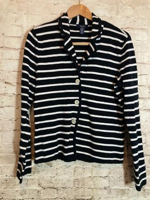 CHAPS 毛衣女式 XL 黑白条纹纽扣前开衫学院风 — 第 1/4 张图片