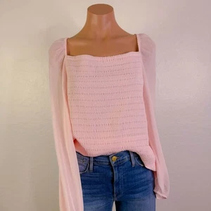 Halogen Square Neck Cottagecore Smocked Sheer Puff Long Sleeve Blouse Pink XXL - Picture 1 of 11