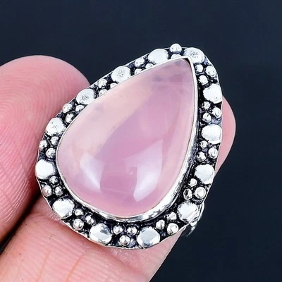 Anillo hecho a mano de cuarzo rosa enchapado en plata 925 talla 6,5 de EE. UU. Foto 1 de 3