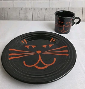 Fiestaware Set - Black with Cat Design, 9" Plate & 3-1/2" Cup, Retired - Picture 1 of 14