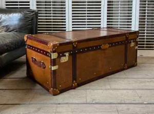 Elegant Handmade Tan Leather Storage Trunk Table Christmas Gift for Living Room - Picture 1 of 10