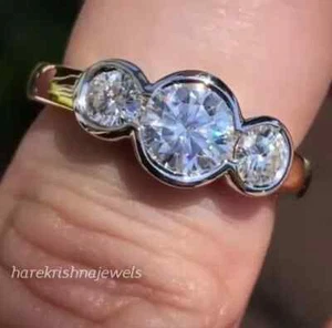 2.95CT Round Cut Lab Created Diamond Bezel Set 3-Stone Ring 14K White Gold Over - Picture 1 of 5