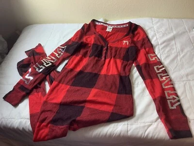 VICTORIA'S SECRET PINK PLAID SEQUIN BLING THERMAL 1 PIECE LONG JANE PAJAMAS Sz L - Image 1 of 4