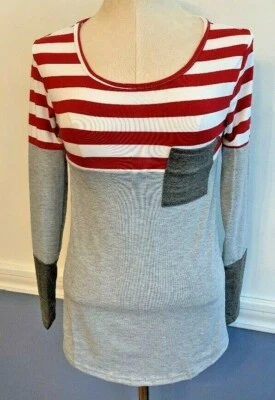 Camiseta deportiva pequeña junior para mujer gris roja a rayas con bolsillo bloque de color Foto 1 de 4