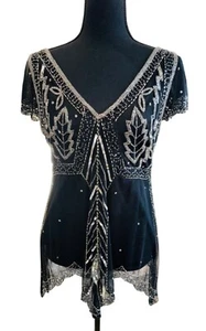 Art Deco-Inspired Black Beaded Fringe Sequin Top Scala L Retro 70s 90s Party - Picture 1 of 12