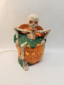 Vintage Halloween Large Jack-O-Lantern & Skelton Ceramic Luminary Canister - Picture 1 of 9