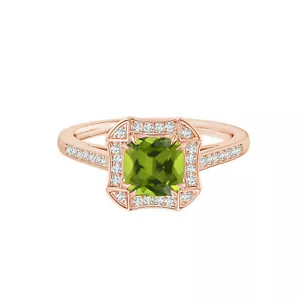 Art Deco 1.3 CTW Cushion Peridot Ring 14k Rose Gold Simulated Diamonds - Picture 1 of 6