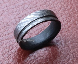 Damast Stahl Ring poliert Wenge Holz Intarsien echte Handwerkskunst Herren Band  - Bild 1 von 4