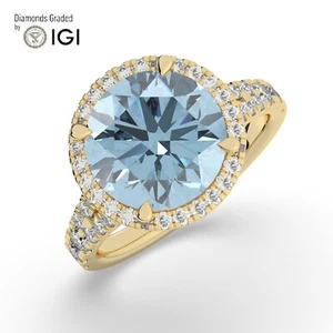Round Solitaire 18K Yellow Gold Vivid Blue Engagement Ring,4.65 ct,Labgrown IGI - Picture 1 of 17