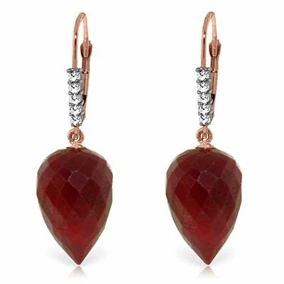 26.25 Carat 14K Solid Rose Gold Drop Briolette Ruby Diamond Earrings - Image 1 of 3