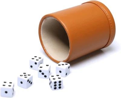 Juego de tazas dados de cuero sintético, cuero camel e interior terciopelo beige profesional D Foto 1 de 4