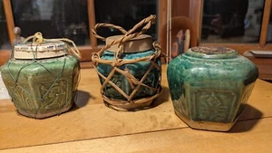 Set of 3 - Chinese Shiwan Glazed Hexagonal Ginger Jars Pottery Stoneware w/Lids - Picture 1 of 13