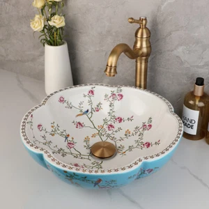 Juego combinado de lavabo de cerámica azul redondo con flores de baño de 16" + grifo - Imagen 1 de 8
