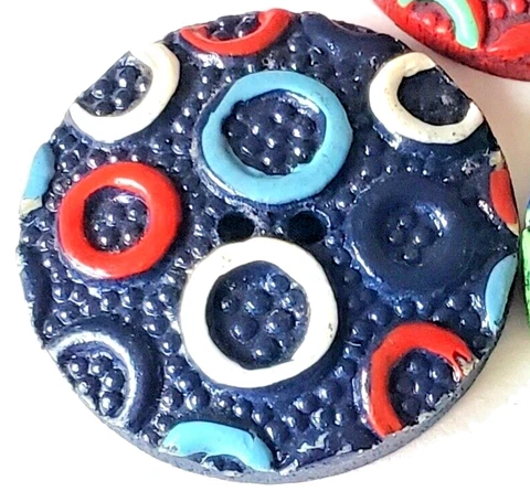 Circles-Painted Wood Vintage Button-CZECHOSLOVAKIA Back Mark  7/8" Cover