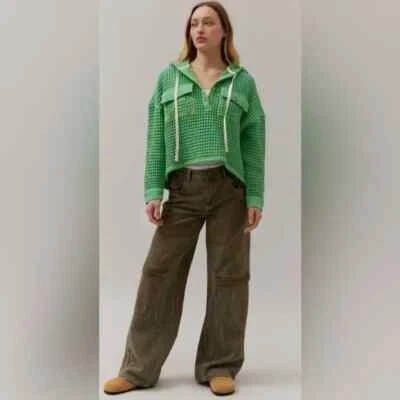 BDG Baja Stanley Waffle Sudadera con Capucha Estampada Botón Bolsillo Urbano Top S NUEVA Foto 1 de 4