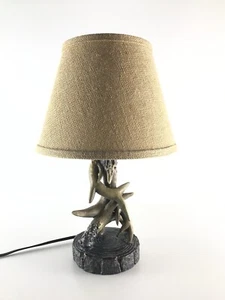 Faux Deer Antler Deer Table Side Lamp  Lighting Rustic Country Burlap Shade 15” - Picture 1 of 11