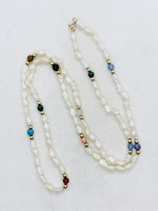 Solid 14k Yellow Gold Rice Pearl Natural Stones Beaded Necklace 24” 10.7g - Picture 1 of 10