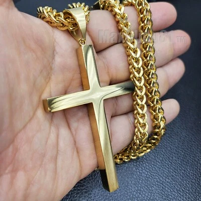 Christian Large Cross Pendant & 6mm 30" Box Cuban Stainless Steel Chain Necklace - Image 1 of 4