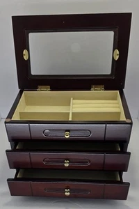King Wood Company Limited Jewelry Box W/2 Drawers & Hinged Wood / Glass Top - Picture 1 of 18
