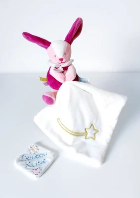 Doudou Plat/Mouchoir Lapin Rose Blanc Étoile Filante Doré Or Les Comètes Babynat - Photo 1/4