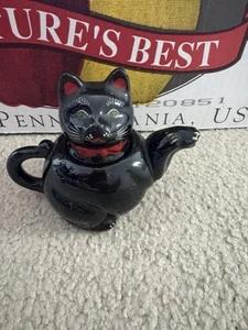 VINTAGE BLACK CAT TEAPOT SHAFFORD JAPAN RED BOW WARE TEA POT WITH LID GREEN EYES - Picture 1 of 7