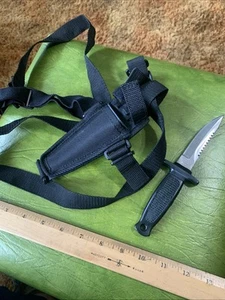 Black Combat Survival Knife Dive Tactical With Black Sheath Harness Strap - Picture 1 of 9