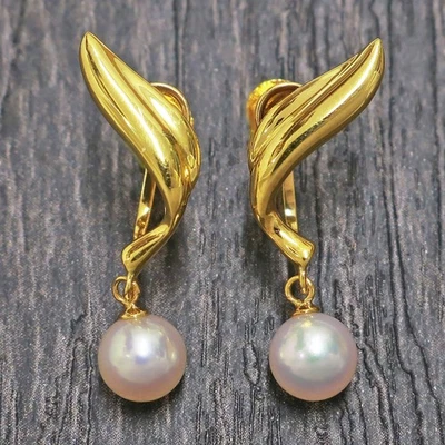 MIKIMOTO K18YG Yellow Gold Leaf Swing Pearl Earrings #1078c Rise-on - Image 1 of 4