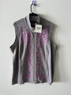 New Bob Mackie Full Zip Vest Embroidered Size 1X Stretch Outdoor Mock Neck Artsy - Image 1 of 4