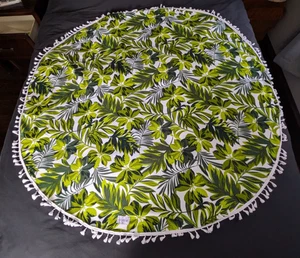 Adore Me Terry Cloth Round Tablecloth Green Leaf Pattern White Tassels Retro 57" - Picture 1 of 5