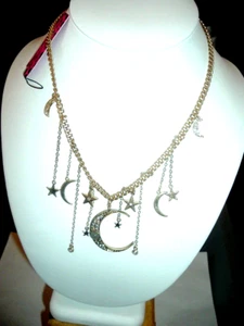 Betsey Johnson GOLD Pave Crystal Crescent MOONS + STARS CELESTIAL NECKLACE NWT - Picture 1 of 5