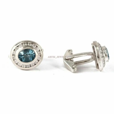 Natural Blue Topaz Gemstone with 925 Sterling Silver Cufflink #2013 - Bild 1 von 3