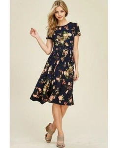 Out To Brunch Floral Print Midi Dress with Short Sleeves & Pockets in Navy - Picture 1 of 7