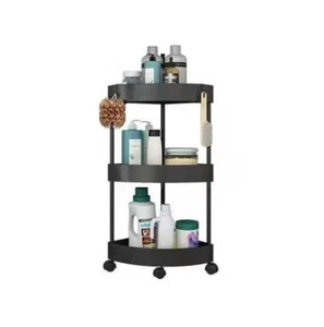 Storage Trolley Corner Shelf Basket Stand 3 Tier Black Wheels Bathroom Kitchen - Picture 1 of 6