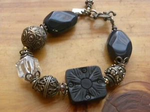 CARVED ONYX, CRYSTAL, & STERLING SILVER CHUNKY BRACELET BY TMARRA 8" - Picture 1 of 5