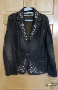 Apostrophe ANTHROPOLOGIE~Embroiderd Floral~BROWN Denim JEAN Jacket*Women 14(L/XL - Picture 1 of 4