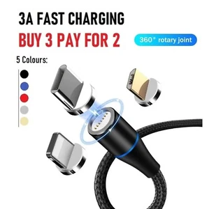 3 in 1 Magnetic USB Cable 3A FAST Charging Charger Sync Phone Type-C Micro & iOS - Picture 1 of 14