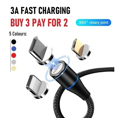 3 in 1 Magnetic USB Cable 3A FAST Charging Charger Sync Phone Type-C Micro & iOS - Image 1 of 4