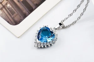 COLLAR COLGANTE PLATA ESTERLINA 925 ZAFIRO AZUL CIRCONITA CORAZÓN DEL OCÉANO 18"L P812B - Imagen 1 de 7