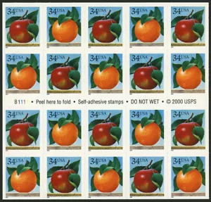 2001 34 cent Apple and Orange booklet pane of 20 #3491-92 Mint - Foto 1 di 1