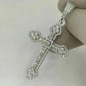 2Ct Round Natural Moissanite Cross Men's Pendant 14K White Gold Plated Silver - Picture 1 of 7