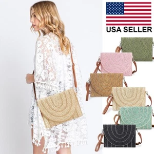 Anthropologie Style Woven Textured Stitch Trim Design Straw Clutch Crossbody Bag - Picture 1 of 14