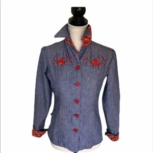 Vintage cowgirl embroidered blue & red shirt XS/S - Picture 1 of 12