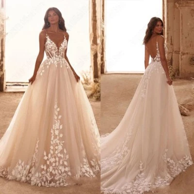 Beach A Line Wedding Dresses Bridal Ball Gowns Sleeveless V Neck Lace Appliques - Image 1 of 4