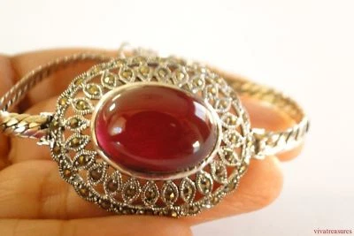 Red Ruby Solitaire Marcasite Ornate 925 Sterling Silver Bracelet - Image 1 of 4