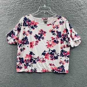 Chicos Womens Top 2 Large White Pink Floral Pullover Short Sleeve Shirt Stretch - Picture 1 of 8